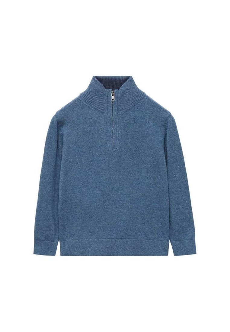 Blå långärmad tröja med hög ribbad krage och en kort dragkedja framtill.