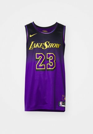Purple and black basketball jersey with yellow "LakeShow" text and number 23, featuring NBA and Nike logos.