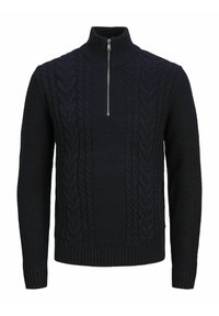 Marineblaue Strickpullover mit hohem Kragen und halbem Reißverschluss. Verfügt über Zopfmuster sowie gerippte Bündchen und Saum für mehr Textur.