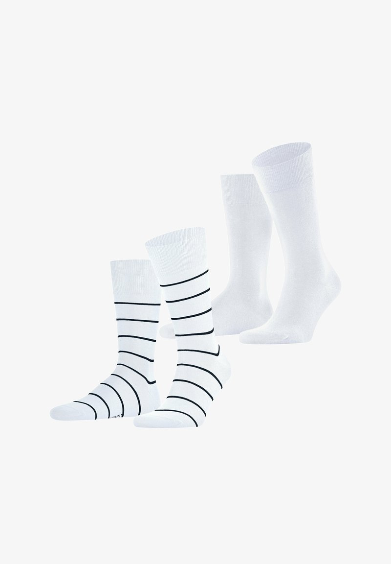 Deux paires de chaussettes montantes blanches, une unie et une avec de fines rayures horizontales noires, présentées debout sur un fond blanc.