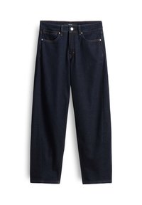Jeans in denim blu scuro con vestibilità relaxed, dotati di cinque tasche, chiusura frontale con bottone e dettagli di cucitura arancione a vista.