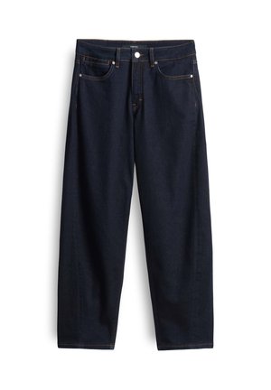 Dark blue denim jeans with a relaxed fit, featuring five pockets, a front button closure, and visible orange stitching details.