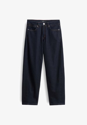 Dark blue denim jeans with a relaxed fit, featuring five pockets, a front button closure, and visible orange stitching details.