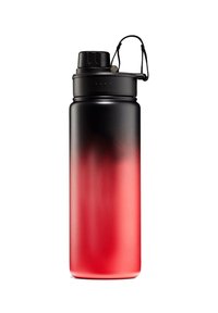 Edelstahl-Wasserflasche mit einem Farbverlauf von Schwarz zu Rot, ausgestattet mit einem Schraubverschluss und einem Tragegurt.