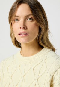 Maglione lavorato a maglia di colore crema con un motivo a trecce testurizzate e un collo a girocollo a coste. Tessuto morbido con vestibilità comoda.