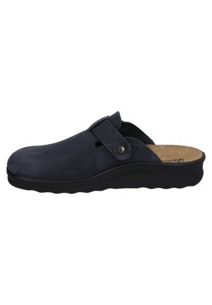Dark blue suede clog with a rounded toe, adjustable strap, and a cushioned insole. Features a flexible black rubber sole for comfort.