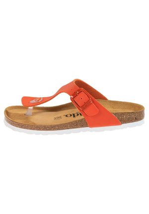 Orange åben tå-slide-sandal med korksål, justerbar rem med spænde og en gennemsigtig tåskille på en hvid baggrund.