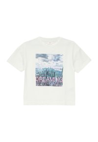 Weißes Baumwoll-T-Shirt mit einem grafischen Druck einer Stadtsilhouette und dem Text "DREAMING NEW YORK" in pink und schwarzer Schrift.