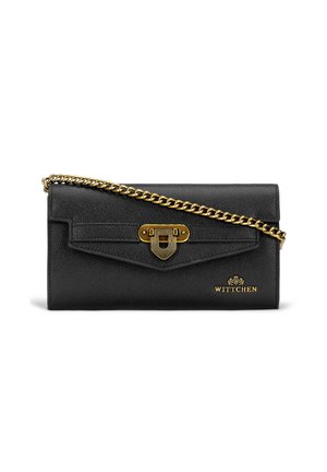 Black leather clutch purse with a textured finish, gold hardware clasp, and chain strap. Features embossed logo on the front.