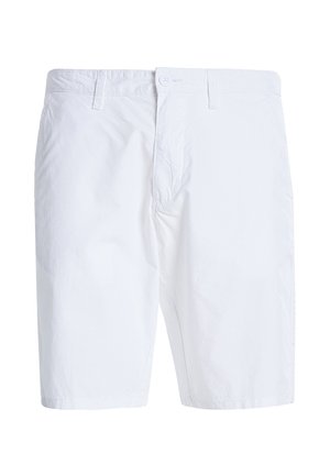Pantaloncini bianchi casual fino al ginocchio con chiusura a bottone e zip, passanti per cintura e tasche laterali.