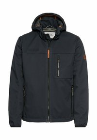 Granatowa kurtka z kapturem, zapinana na pełny zamek z przodu, z trzema kieszeniami na zamek i elastycznymi mankietami, z subtelnymi detalami z logo.
