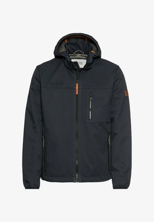 Marineblauwe capuchonjack met volledige ritssluiting aan de voorkant, drie zakken met rits en elastische manchetten, voorzien van subtiele merkdetails.