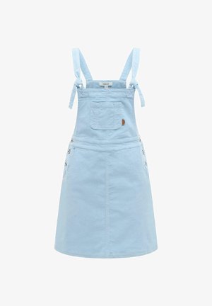 Lichtblauwe denim salopetjurk met voorzak, verstelbare strikbandjes, zijknopen en mouwloos ontwerp.