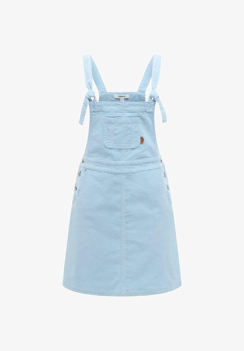 Hellblaues Jeans-Latzkleid mit Fronttasche, verstellbaren Trägern zum Binden, seitlichen Knöpfen und ärmellosem Design.