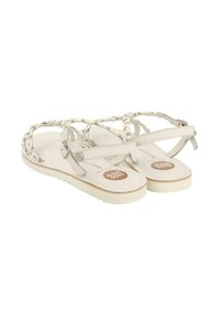 Sandali bianchi con cinturini intrecciati e suola piatta. Presentano un logo sulla soletta e una semplice fibbia per la regolazione. Texture liscia su tutta la superficie.