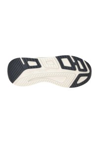 Schoenzool met zwart rubberen profiel voor grip, witte tussenzool, met functies zoals rechthoekige uitsparingen en een gestructureerd oppervlak voor extra grip.