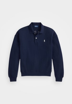 Navy blue polo sweatshirt with a classic collar, three buttons, and an embroidered logo on the left chest. Elastic cuffs and hem.