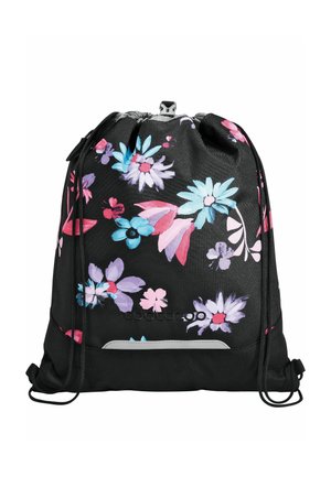 Schwarzer Beutel mit Kordelzug und einem Blumenmuster in Pink, Lila und Blau, mit einem reflektierenden Streifen nahe dem Boden und schwarzen, verstellbaren Kordeln.