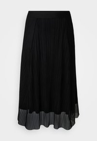 Svart plisserad midi-kjol med en mjuk midjeresår, flödande textur och en genomskinlig, lager-på-lager nederkant för ökad djup och dimension.