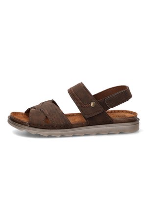 Sandalia de cuero marrón con tiras ajustables, plantilla acolchada y suela de goma texturizada diseñada para comodidad y soporte casual.