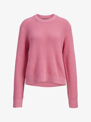 Różowy sweter z dzianiny o długich rękawach, z okrągłym dekoltem, ściągaczami na mankietach i u dołu, z nieco dłuższym tyłem.