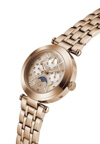 Okrągły złoty zegarek z wzorzystą tarczą, z rzymskimi cyframi, trzema mniejszymi tarczami i wskaźnikiem fazy Księżyca, przymocowany do metalowej bransoletki.