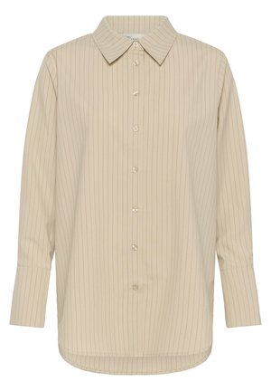 Beige blouse met lange mouwen en knopen, met dunne verticale zwarte strepen, een puntige kraag en een afgeronde zoom.