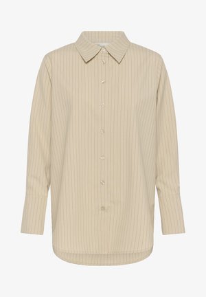 Cămașă bej cu mâneci lungi, cu nasturi, cu dungi verticale subțiri negre, guler ascuțit și tiv rotunjit.