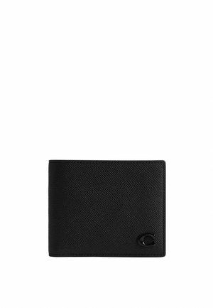 Portefeuille bifold en cuir noir texturé avec un petit emblème en métal noir dans le coin inférieur droit.