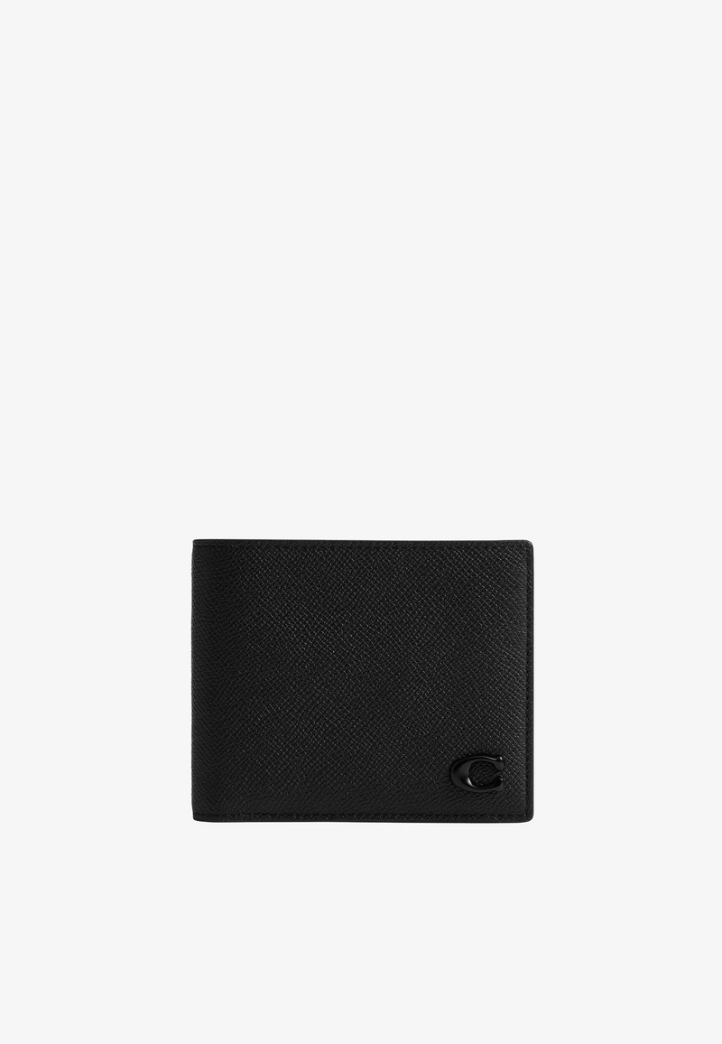 Portefeuille bifold en cuir noir texturé avec un petit emblème en métal noir dans le coin inférieur droit.