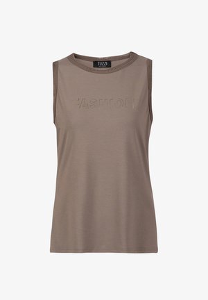 Haut taupe sans manches avec bordure en mesh aux emmanchures et au col, présentant un texte perforé "FASHION" sur la poitrine et une étiquette TUZZI à l'intérieur du col.