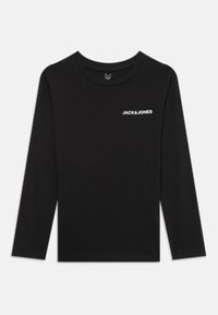 Schwarzes Langarm-T-Shirt aus Baumwolle. Verfügt über einen runden Halsausschnitt und das weiße "JACK & JONES"-Logo auf der Brust. Weiche Textur.