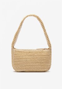 Kootud heina käekott beežis värvitoonis, sileda ja ümaraga kujuga, varustatud ühe sangaga ning praktilise lukuosaga pealt.