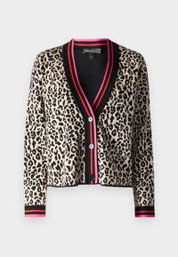 Leopardenmuster-Kardie in Beige und Schwarz mit tiefem V-Ausschnitt, schwarz-rosa gestreiftem Besatz und großen Knöpfen an der Vorderseite.