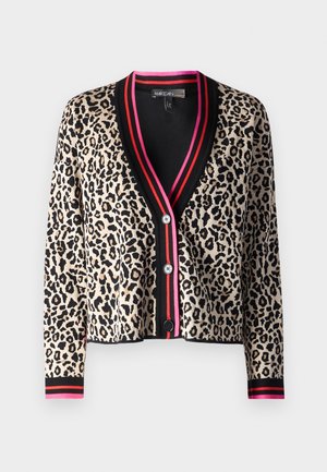 Leopard print cardigan in beige and black, features a deep V-neck, black and pink striped trim, and large buttons at the front.