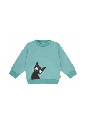 Hellblau-grünes langärmliges Kleinkind-Sweatshirt mit einer schwarzen Katze, die von unten links vorne hervorschaut.