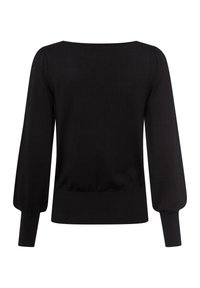 Schwarzer Langarmpullover mit puffärmeln, weitem Bootsausschnitt und eng anliegendem Rippbündchen. Hergestellt aus weichem Strickmaterial mit einer glatten Textur.