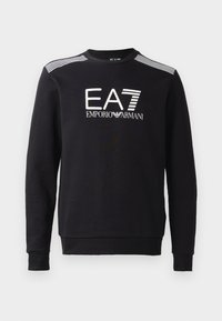 Black sweatshirt made of cotton, featuring a crew neckline, long sleeves, white EA7 logo and stripes across the shoulders.