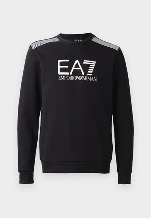 Black sweatshirt made of cotton, featuring a crew neckline, long sleeves, white EA7 logo and stripes across the shoulders.