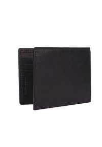 Portafoglio in pelle nera con una texture liscia, design a doppia piega, multiple fessure per carte e un logo discreto sul lato.