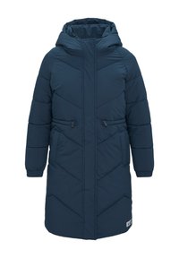 Marineblauer Daunenmantel mit Kapuze, ausgestattet mit Zickzacknaht, elastischen Bündchen und einem Kordelzug zur Anpassung der Taille. Lange, gerade Silhouette.