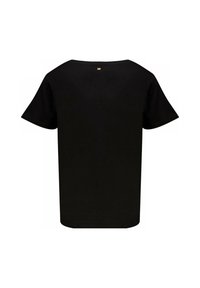 Black cotton t-shirt with short sleeves, round neckline, relaxed fit, and a small gold accent on the upper back. Smooth texture.
