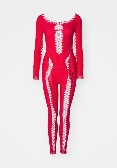 Κόκκινο ολόσωμο φόρεμα με μακριά μανίκια, στρογγυλή λαιμόκοψη και κοψίματα με κυκλικά σχέδια που αναδεικνύουν τα πλάγια και τα χέρια.