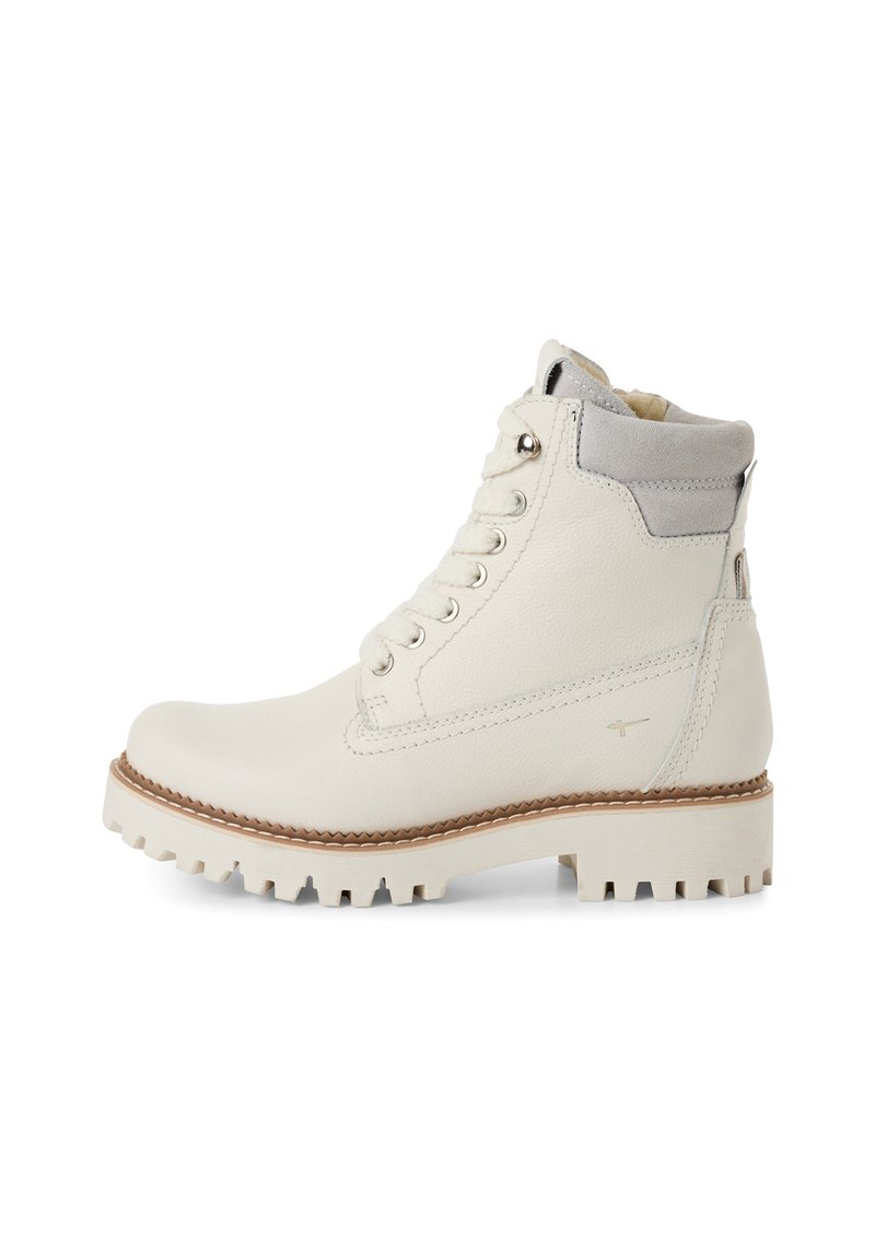 White leather ankle boots with a textured surface, grey suede accents, metal eyelets, and a rugged rubber sole. Designed for durability and comfort.