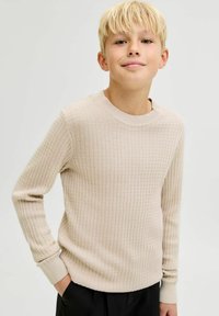 Beżowy sweter z prążkowanej tkaniny, z długimi rękawami i okrągłym dekoltem. Stylizowany z ciemnymi spodniami, na neutralnym tle.
