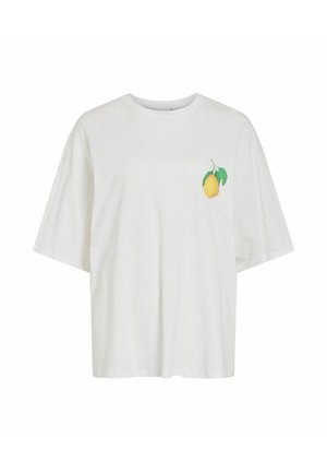 T-shirt blanc à manches courtes avec col rond présentant un petit motif de citron jaune et de feuilles vertes sur la poitrine gauche.