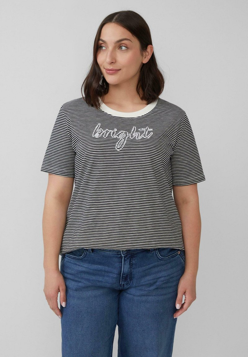 Gestreepte T-shirt met korte mouwen in zwart en wit, met een ronde halslijn en een handgeschreven "bright" graphic in het wit. Casual pasvorm.