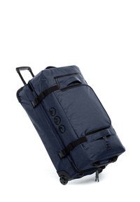 Borsa a rotelle navy in tessuto testurizzato, con spallacci regolabili, tre icone circolari e una maniglia superiore per un facile trasporto.