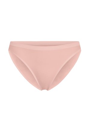 Biancheria intima da donna in stile bikini di colore rosa chiaro, con design senza cuciture, texture liscia e vita elastica, su uno sfondo bianco.