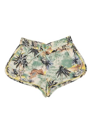 Shorts imprimés tropicaux vert clair avec palmiers, fleurs, taille élastique, cordon, poches latérales et bordure jaune le long des bords.